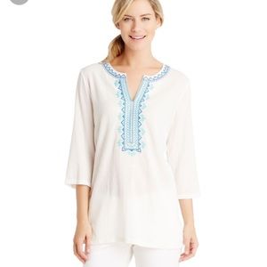 J McLaughlin Fremont embroidered pink tunic top.